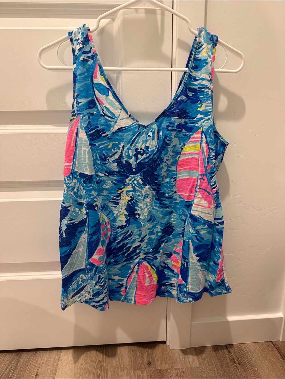 Lilly Pulitzer Blue, Pink & Yellow Sailboat V-Neck Tank